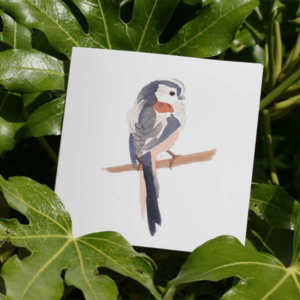 Long-tailed tit watercolour square card