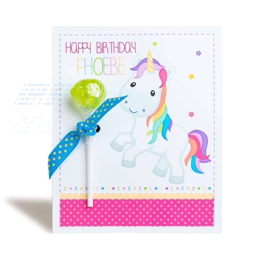 Personalised Unicorn lollipop Notecard