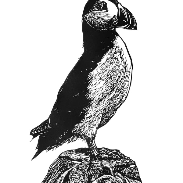 The Lookout - an original linoprint of a puffin looking out to sea 