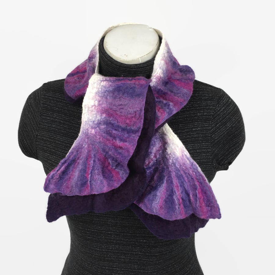 Narrow double ruffle nuno felted scarf in purple, shorter length