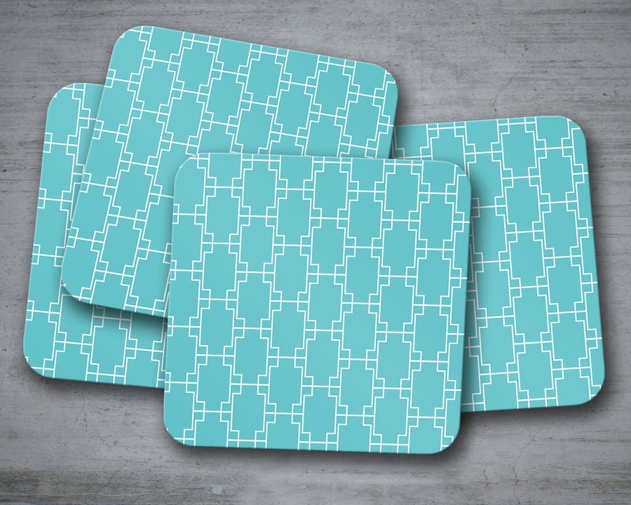 Set of 4 Turquoise and White Square Geometric Design Coasters, Drinks Mat
