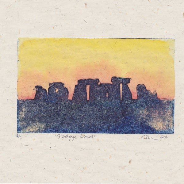 Stonehenge Sunset One-Off Collagraph Print  With Watercolour Art