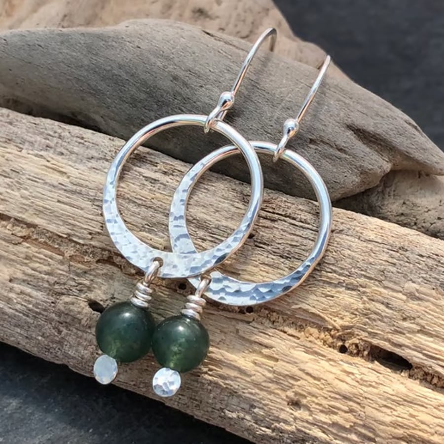 Green moss earrings, silver hoop earrings, sterling silver hoops