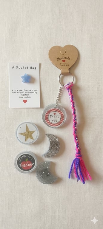 Handmade teachers gift ,4 resin magnetswhiteboard,kumihimo keyring,pocket hug