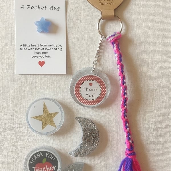 Handmade teachers gift ,4 resin magnetswhiteboard,kumihimo keyring,pocket hug