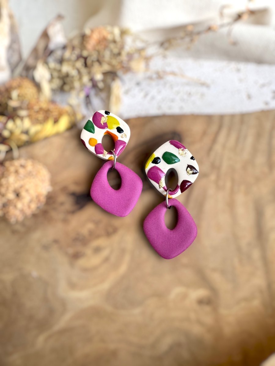 Autumn Terrazzo Abstract Link Dangle Polymer Clay Earrings
