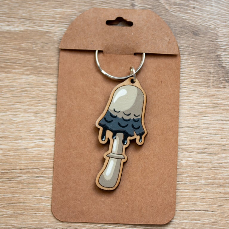 Hand-Painted Wooden Inky Mushroom Keyring – Nature Gift