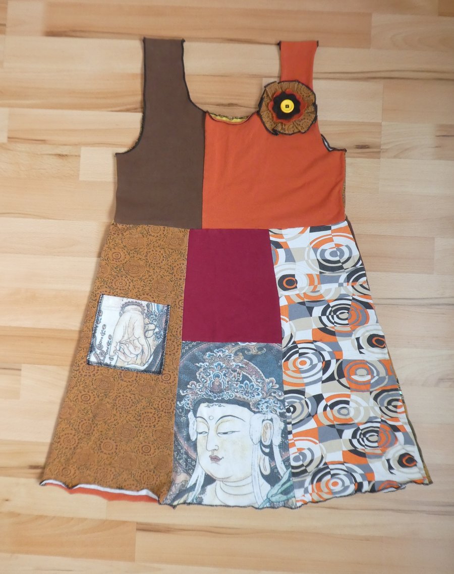 Tunic Top from Up-cycled T-Shirts. Women's small to Medium. Orange and Brown.