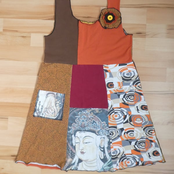 Tunic Top from Up-cycled T-Shirts. Women's small to Medium. Orange and Brown.