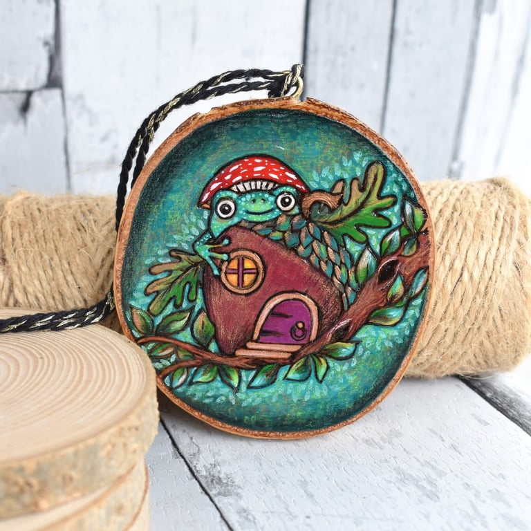 Mushroom froggy pyrography with colour hanging wood slice