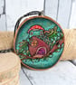 Mushroom froggy pyrography with colour hanging wood slice