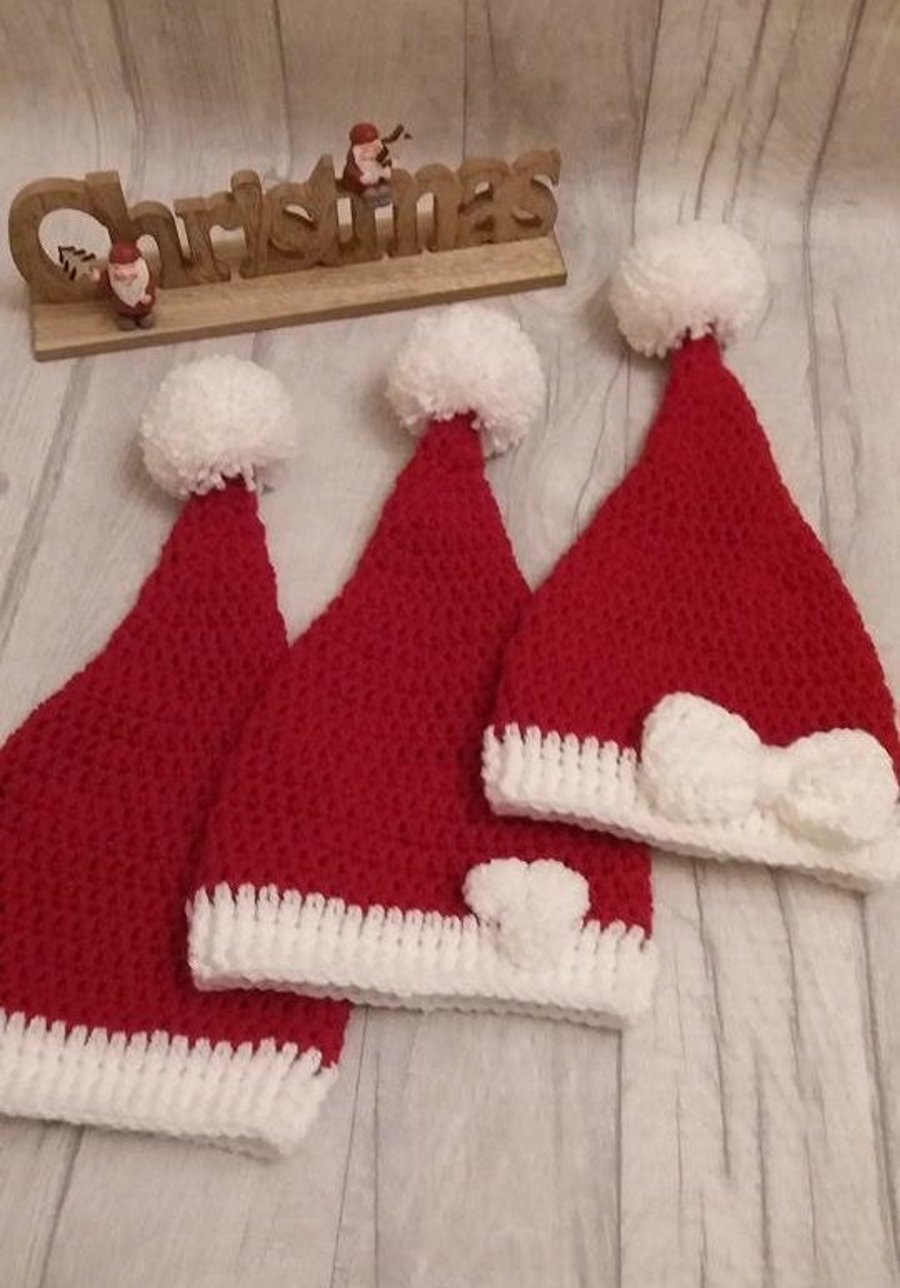 Christmas Hats, Santa hats, Mrs Claus, Baby hats, Crochet, Handmade, Bow  
