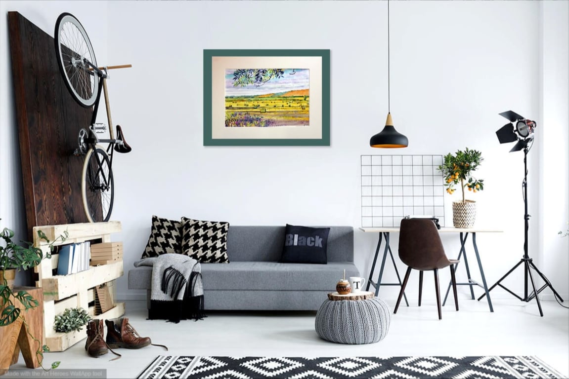 Farmland Watercolour Painting , Hay Bales in Fields  Landscape