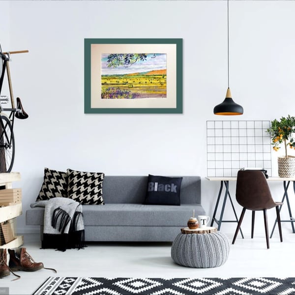 Farmland Watercolour Painting , Hay Bales in Fields  Landscape