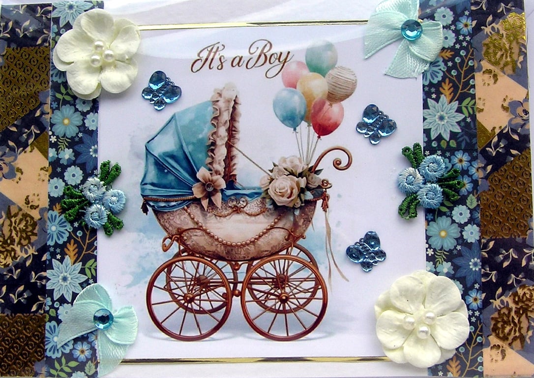 New Baby Boy - Hand Crafted 3D Decoupage Card - (3158)