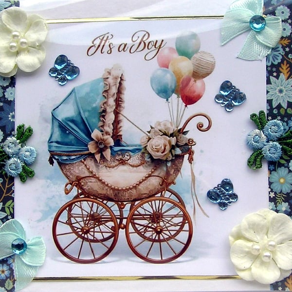 New Baby Boy - Hand Crafted 3D Decoupage Card - (3158)