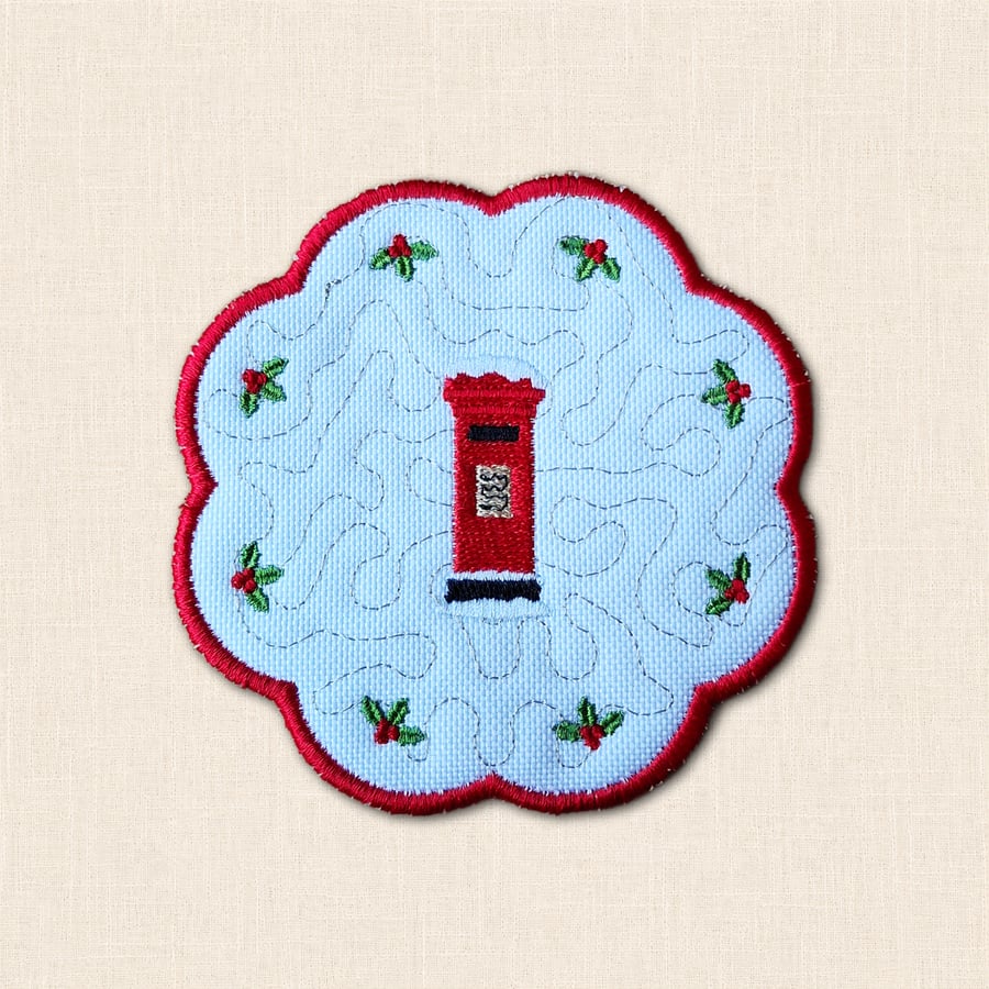 Christmas Post Box Candle Coaster - Embroidered Festive Home Decor
