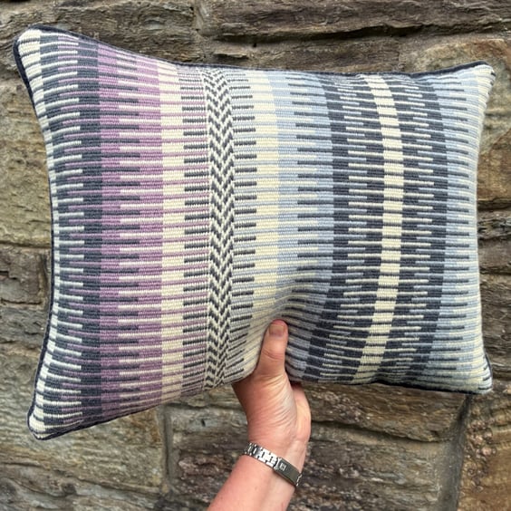 Rosanna cushion: Flint grey, Thistle & Slate grey. Handwoven in Wales