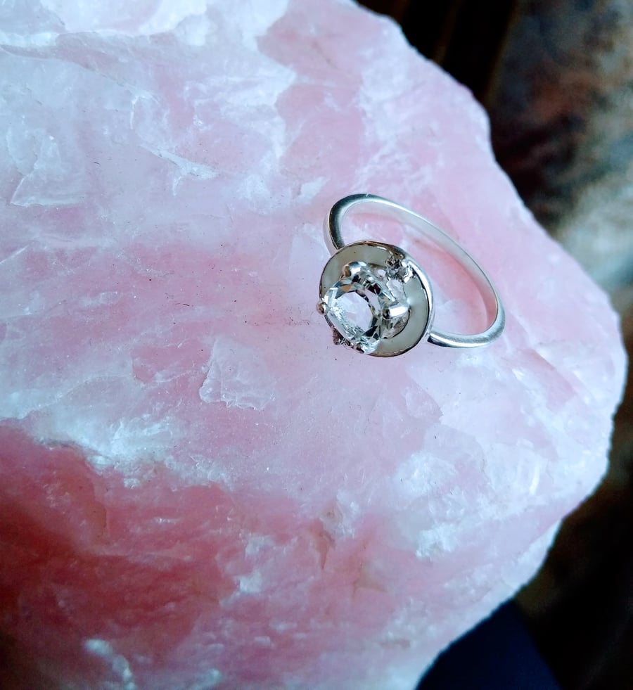 925 Sterling Silver Three Topaz Gemstones & White Enamel Halo Ring Size P