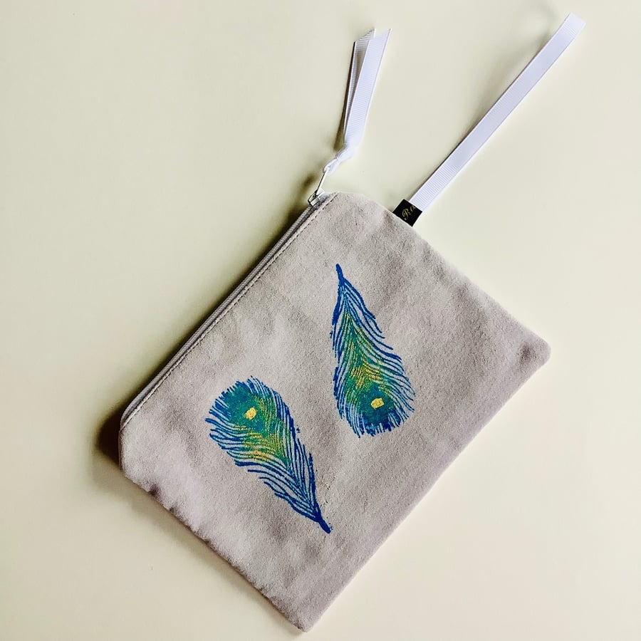 Feather Print Velvet Zip-Up Pouch; Makeup Bag; Hand printed Purse 