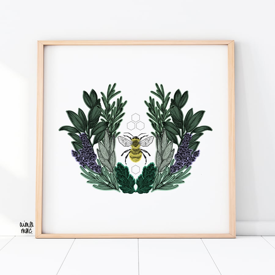 Lavender Bee Print - Nature Art - Bee Art - Botanical Art Print