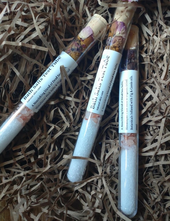 Bath Salts Test Tube, 20ml, Dried Botanicals Infused with Fig and Cassis oils.