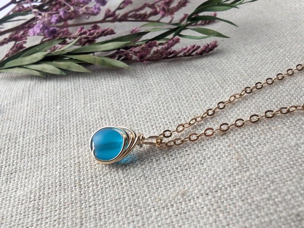 SEAGLASS Pacific Blue Necklace, 14K Gold Filled Minimalist Dainty Pendant