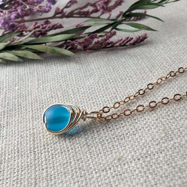SEAGLASS Pacific Blue Necklace, 14K Gold Filled Minimalist Dainty Pendant