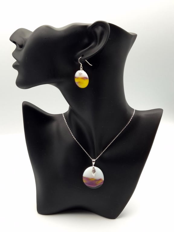 White, Yellow and Pink Fused Glass Hook Earrings and Pendant Set
