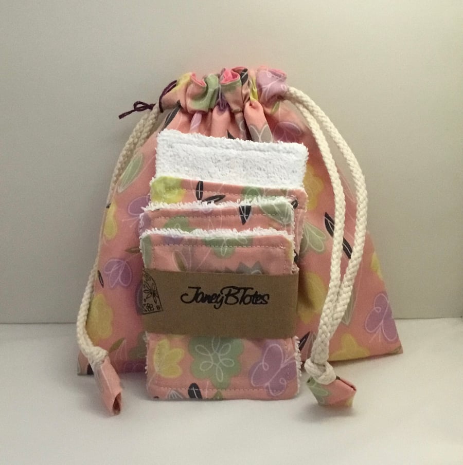 Butterfly printed cotton fabric wash bag and eye pads.