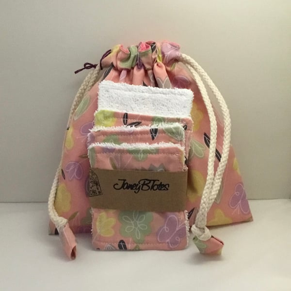 Butterfly printed cotton fabric wash bag and eye pads.