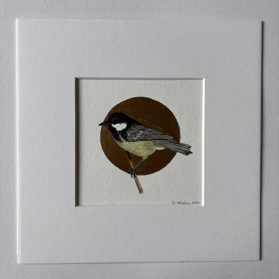 Original hand painted bird watercolour painting wildlife British Coal Tit art.