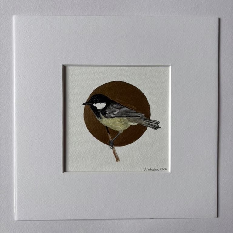 Original hand painted bird watercolour painting wildlife British Coal Tit art.