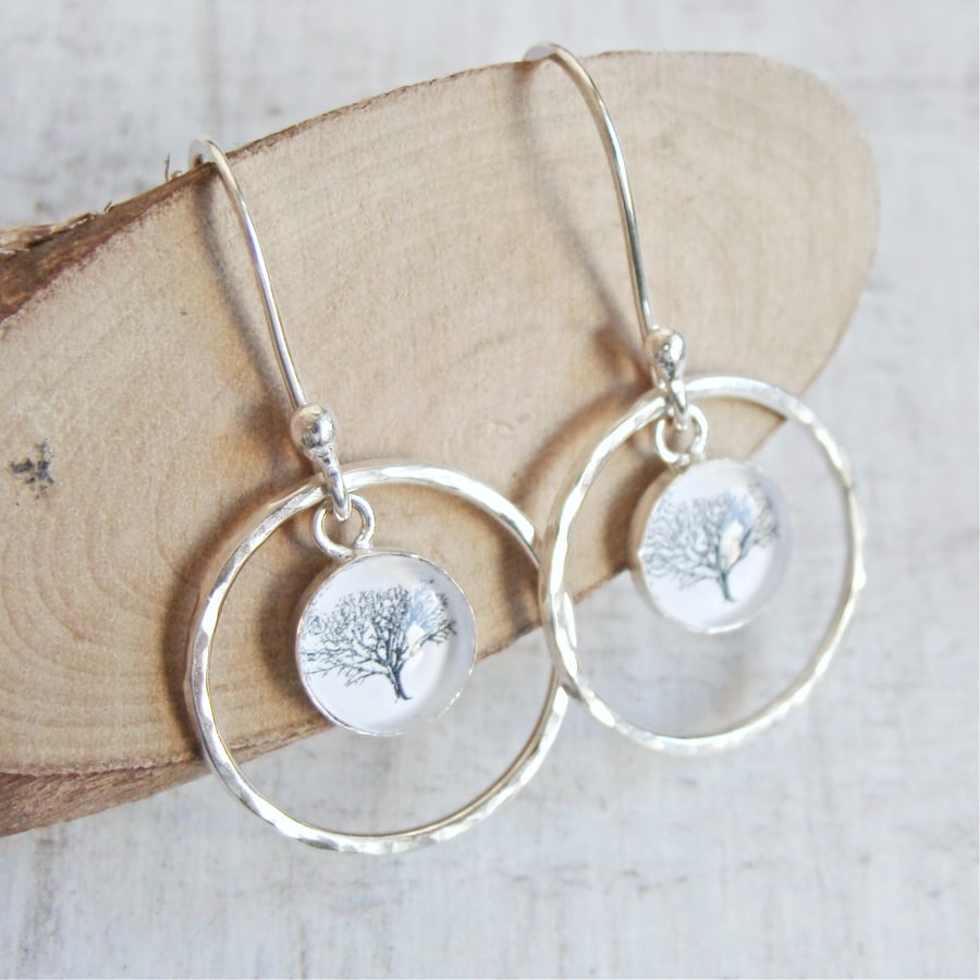 Sterling Silver Tree Charm Circle Dangly Earrings - Nature Illustration Earrings