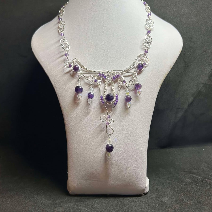 Anwen Wire Wrapped Elven Necklace with Amethyst Gemstones, Silver Plated