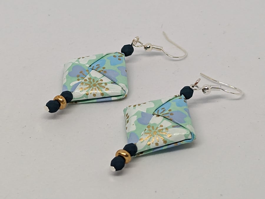   Japanese square paper earrings: sea-green, white and blue