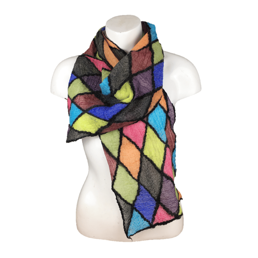 Nuno felted scarf, merino wool with multi coloured silk diamonds