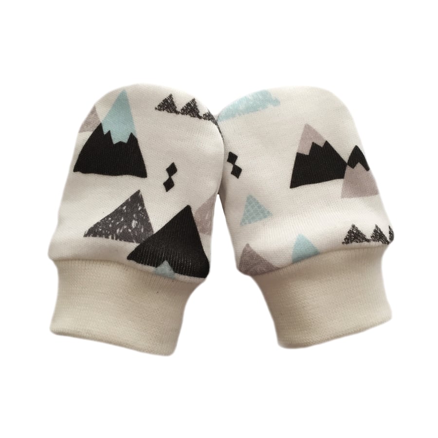 ORGANIC Baby SCRATCH MITTENS in BLUE & GREY MOUNTAINS  A New Baby Gift 