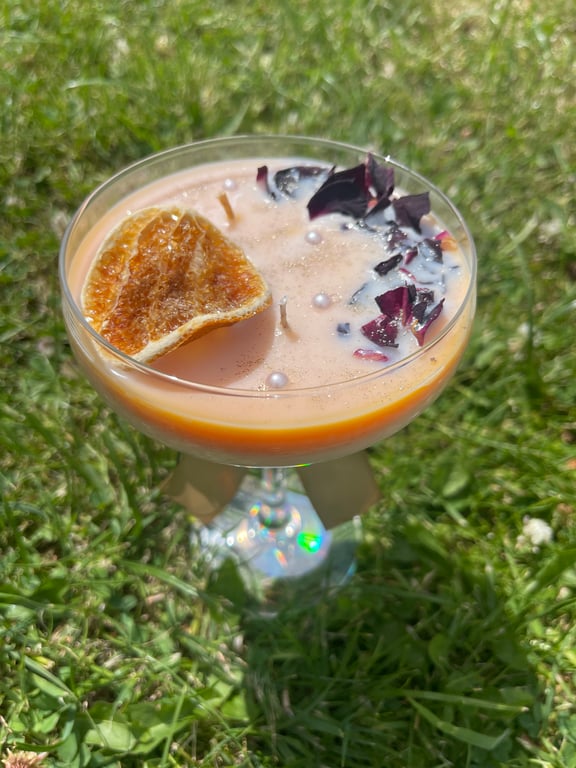 Passion Fruit & Rose Handmade Soy Wax Candle in a cocktail glass with fragrance.