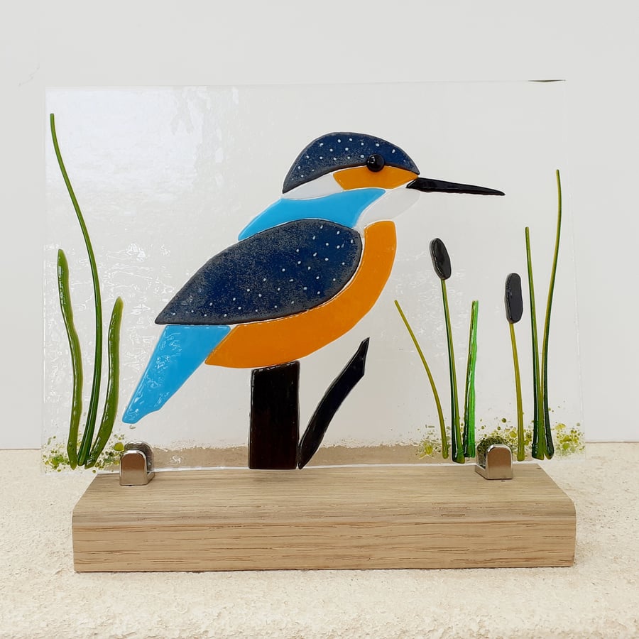 Kingfisher fused glass panel in oak display stand