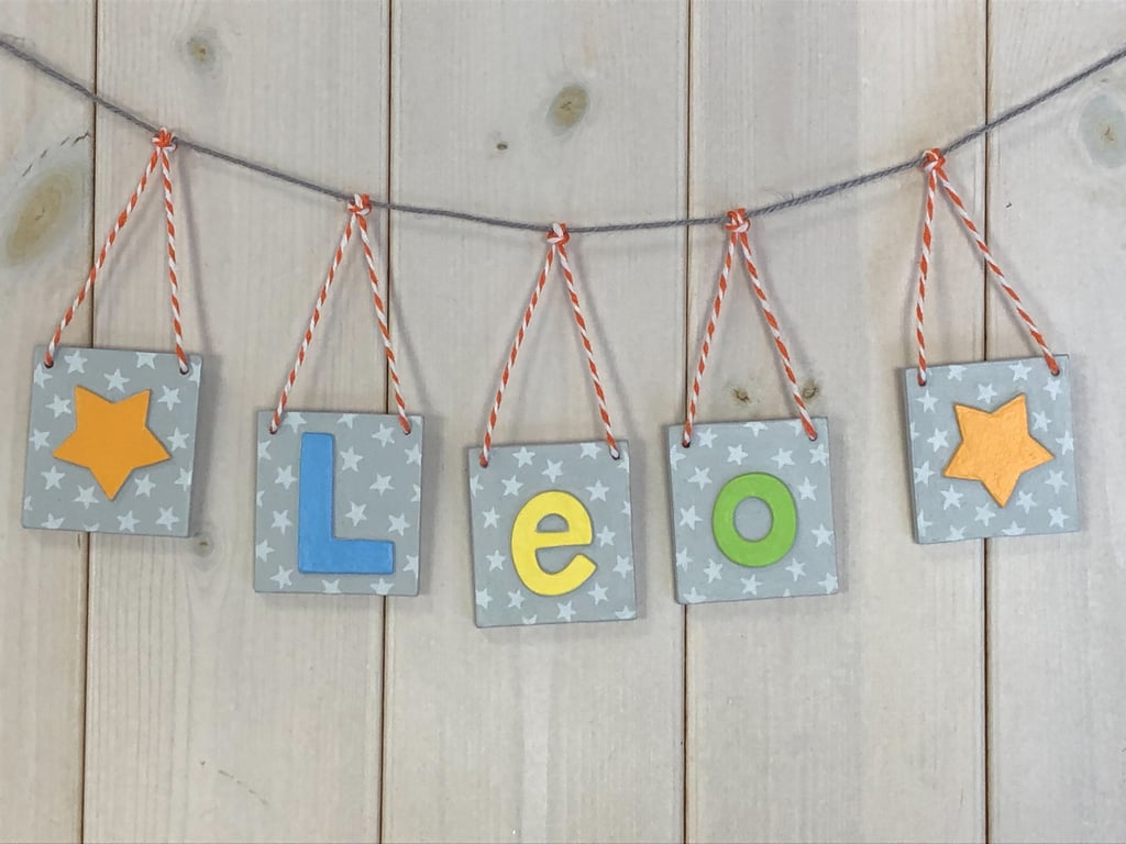 Personalised name bunting in grey with bright coloured letters, Any Name!