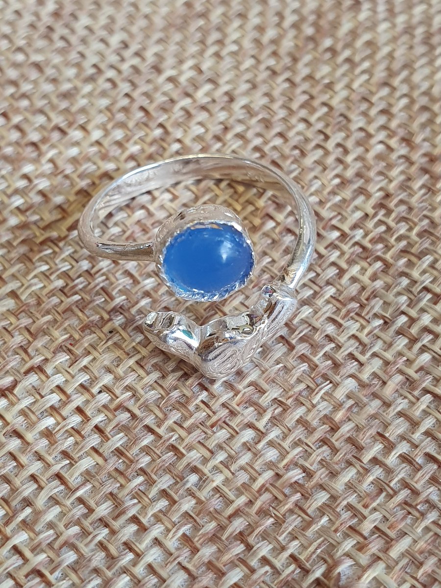 Sterling Silver Adjustable Ring with Blue Agate Cabachon 