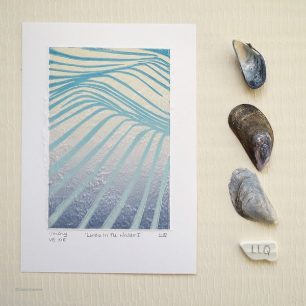 Modern graphic minimalist lino print of line structure of a wave coastal surf 