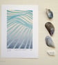 Modern graphic minimalist lino print of line structure of a wave coastal surf 