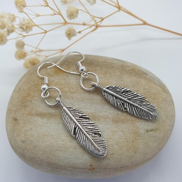 silver plated earrings with beautiful silver feather charm angel feather boho