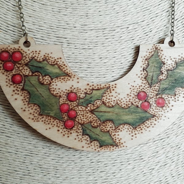 Pyrography wooden holly pendant