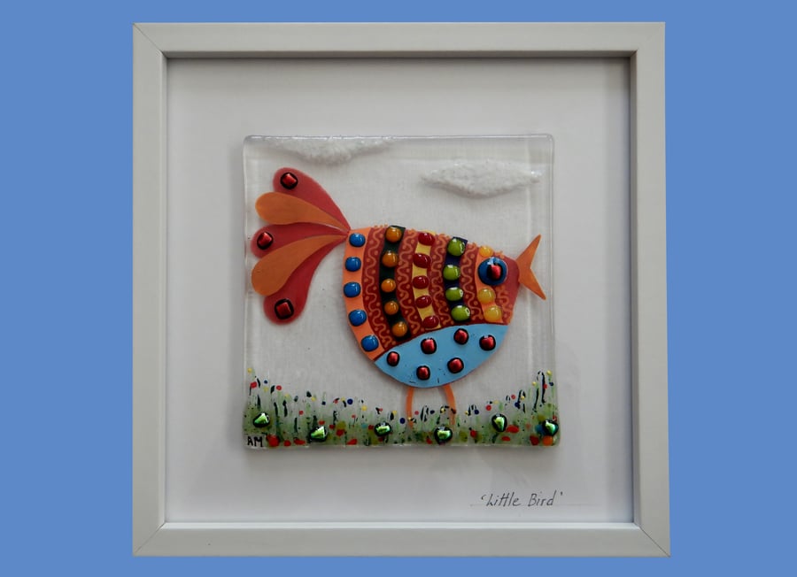 HANDMADE FUSED GLASS  'BUSY BIRD' PICTURE