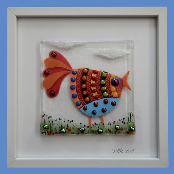 HANDMADE FUSED GLASS  'BUSY BIRD' PICTURE
