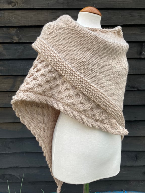 One of a kind Handknitted Triangle Honeycomb Textured Wrap Shawl Scarf