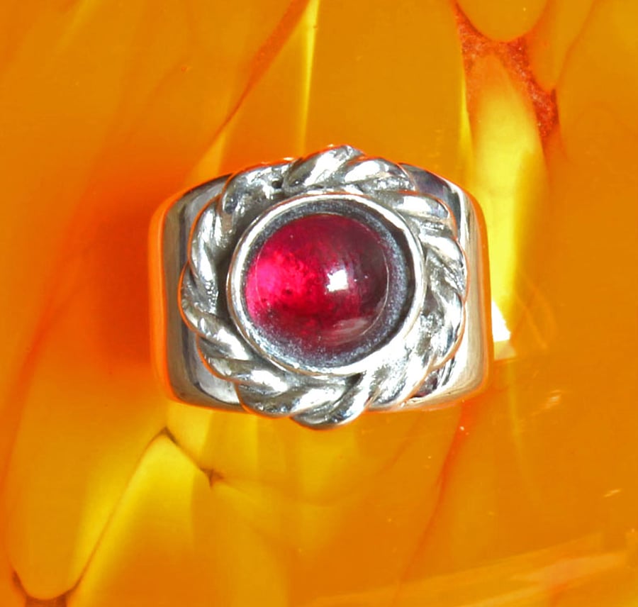 Silver Ring - Handmade Garnet Ring - Birthstone Ring  - Celt Style - Size H